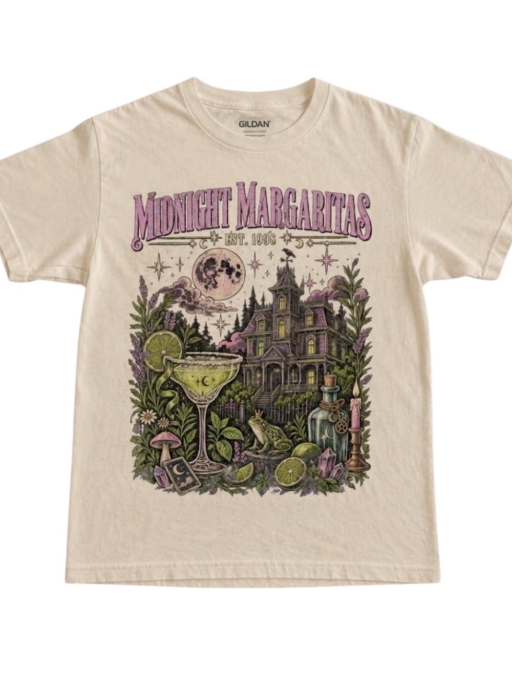 Gildan Cream Tee with Purple & Green Midnight Margaritas Graphic